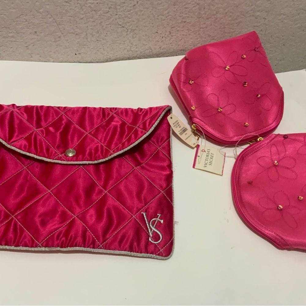 Victoria Secret Cosmetic  Hot Pink Satin Quilted Travel Bag